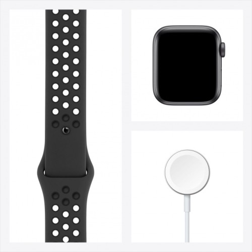 Apple Watch Nike SE, 44 мм, алюминий цвета «серый космос», спортивный ремешок Nike цвета «антрацитовый/чёрный»